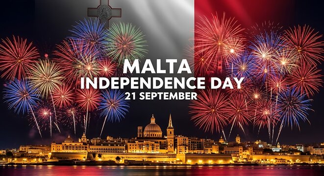 Malta Independence Day Celebration: Valletta Skyline with Fireworks and National Flag