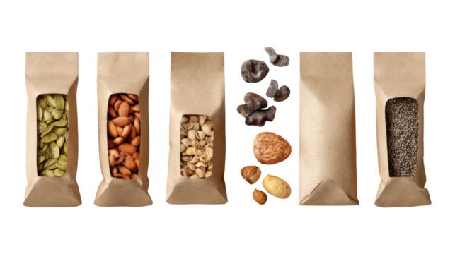 Kraft paper snack packaging mockup with natural ingredients on transparent background - Powered by Adobe