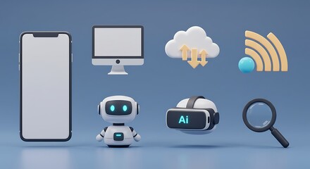 A collection of 3D rendered icons representing modern technology, including an AI robot, VR headset, cloud computing, and digital devices