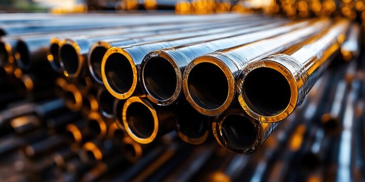 A close-up shot of a stack of steel pipes, highlighting their industrial design and metallic texture.