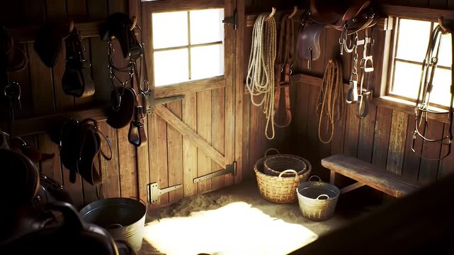 Rustic Wooden Tack Room Interior with Sunlit Floor
