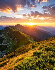Majestic sunset over mountain peaks with lush greenery