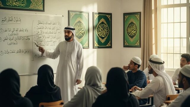 Middle Eastern professor teaching a class of students in a classroom setting, focusing on education, culture, and learning in a traditional environment