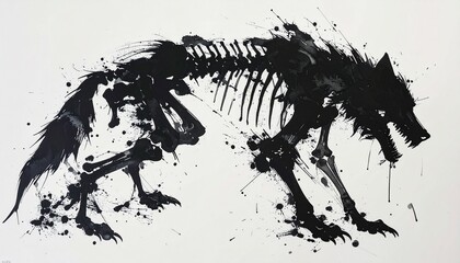 Abstract Wolf Skeleton in Dynamic Ink Splash Art