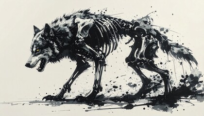 Monochrome Wolf Skeleton Ink Illustration with Dynamic Expression
