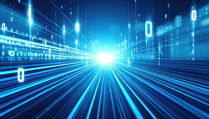 Abstract Blue Data Stream with Glowing Lines and Binary Code