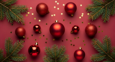 Red Christmas Ornament Flat Lay Festive Holiday Decorations with Pine Branches and Gold Confetti on Burgundy Background