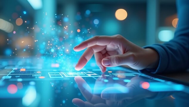 Close up of businesswoman hand touching screen with finger 3D rendering. - Powered by Adobe