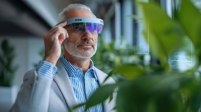 Older man wearing AR headset while interacting in a modern tech office environment.  
