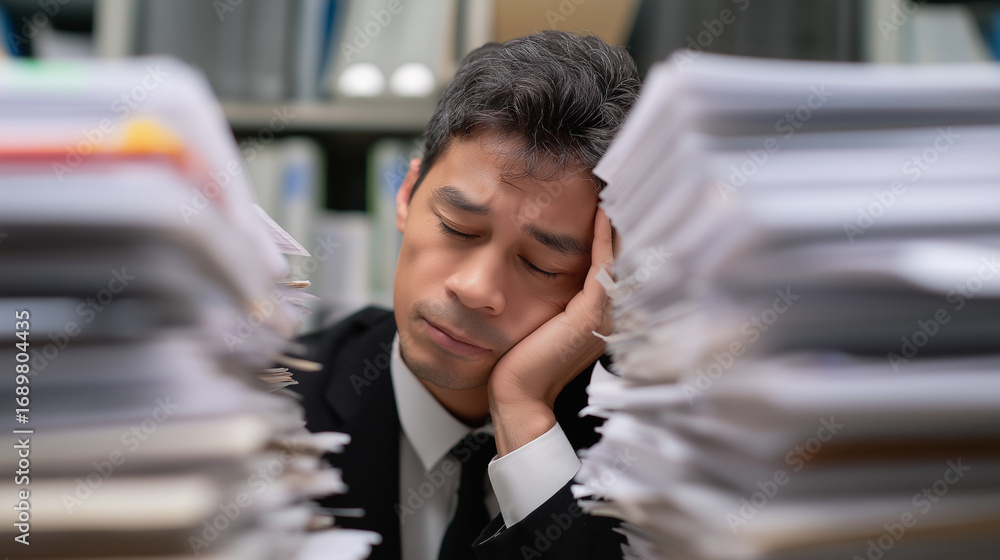 Poster stressed office worker holding head in frustration, surrounded by large stacks of documents in a mod