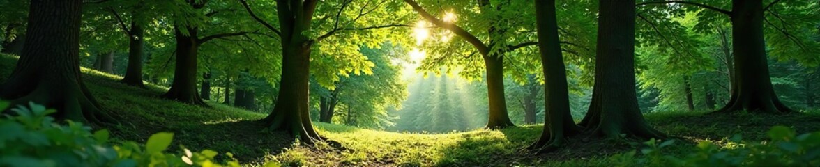 Obraz premium Dense cluster of trees forming a small, secluded forest grove, sunlight dappling through leaves Perfect for nature, woodland, and environmental themes , leaves, rural, earth