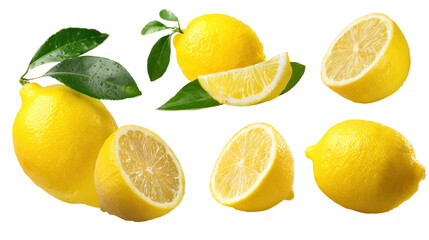 Lemon isolated set collection of ripe lemon half and slices on transparent background