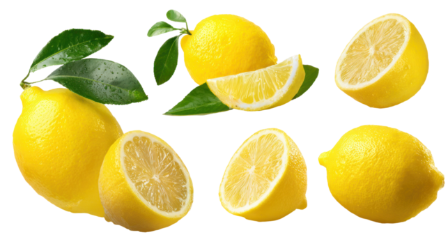 Lemon isolated set collection of ripe lemon half and slices on transparent background