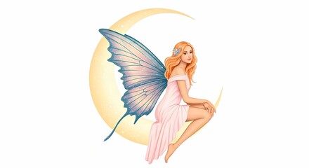 Serene Strawberry Blonde Fairy with Blue Butterfly Wings on a Golden Crescent Moon.