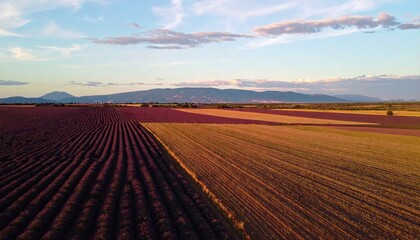 Fototapeta premium Aerial View of Lavender Fields at Golden Hour with Rhythmic Bands of Color under a Clouded Sky