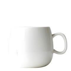 White ceramic mug with a rounded body and a single handle.