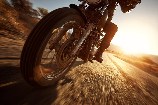 Motorcycle adventure on dusty road at sunset: Freedom and speed experience