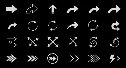 A comprehensive set of white arrow icons in various styles, including pointers, circular refresh, and navigation symbols isolated on a black background