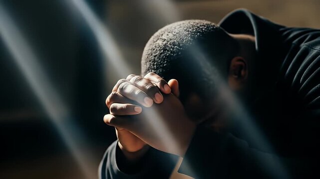 Dramatic Portrait of a Black Man Praying with Clasped Hands in Low Key Lighting with Sun Rays God Faith Hope and Spirituality Concepts