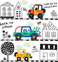 hand drawn car and bus doodle vector 