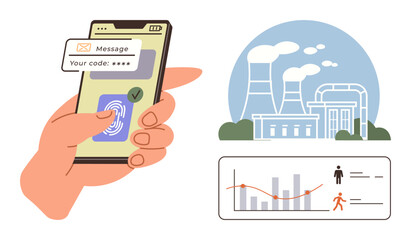 Hand holding smartphone for secure fingerprint access, industrial plant with emissions, and performance analytics graph. Ideal for data security, technology, industry, monitoring, environment