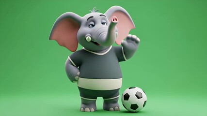 A cute 3D cartoon elephant mascot in a soccer uniform waving on a green screen background.