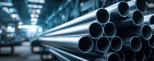 Closeup of industry pipes in steel manufacturing plant, repeating patterns, cool tones, selective focus, dramatic lighting, generous copy space for text.