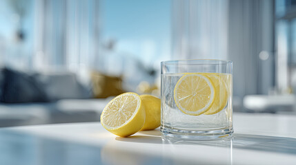 Refreshing glass of lemon water sits on sunlit table, with sliced lemons adding vibrant touch. bright, airy setting enhances fresh and invigorating feel of scene