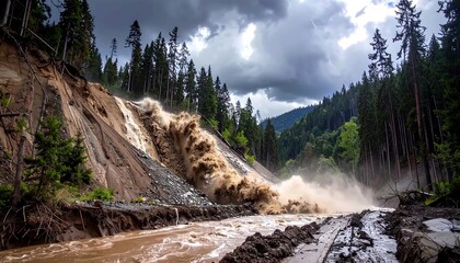Majestic waterfall cascading down a forested hillside