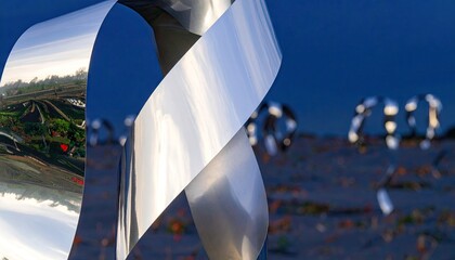 Abstract Chrome Ribbon Sculpture with Mirror Reflections