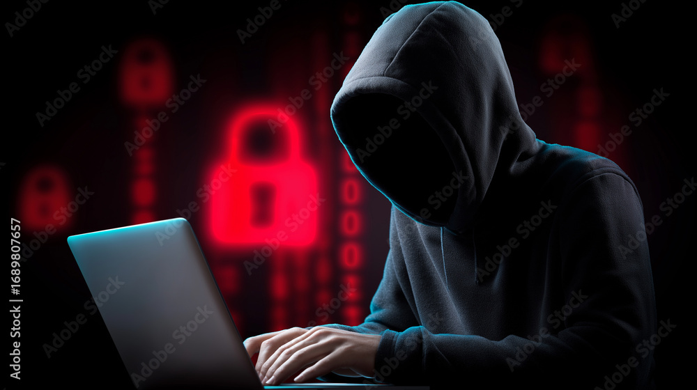 Poster anonymous figure in dark hoodie typing on laptop with glowing red padlock icons representing cyberat