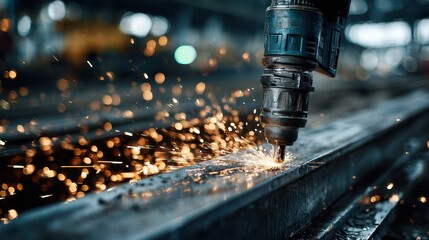 Construction scene with magnetic drill on metal beam, sparks and shavings, hard sidelight, shallow depth, copy space for text.