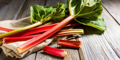 Fresh rhubarb stalks with vibrant red hues rest on a wooden table. A delicious vegetable!