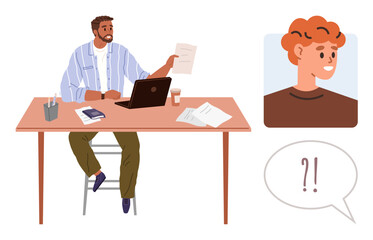 Man holding document while at desk with laptop, talking virtually to another person. Ideal for teamwork, collaboration, remote work, discussion, communication, virtual meetings, and brainstorming