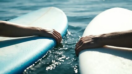 Close-up of serene ocean water with hands on surfboards, capturing the essence of summer vibes and