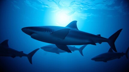 Fototapeta premium A majestic shiver of sharks glides through the deep blue ocean, backlit by the radiant sun