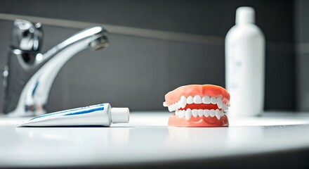 Vampires Morning Routine Fangs and Toothpaste on a Bathroom Sink.