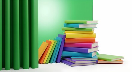 Vibrant Rainbow of Books Stacked and Leaning Against a Modern Green Fluted Wall and Gradient Background.