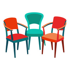Three stylish armchairs in vibrant colors arranged together, perfect for modern interior design inspiration and commercial use.