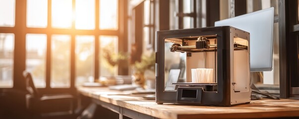 3D printer creating prototype on desk, maker lifestyle, technology innovation concept, natural light, shallow depth of field, creative workspace, ample copy space for text.