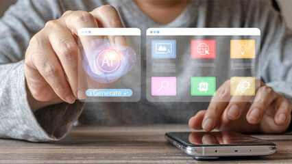 A person uses a mobile phone to command an artificial intelligence system. They touch a floating virtual screen with various app icons to generate creative content on a wooden desk.