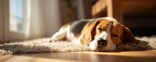 Happy dog lounging on rug in sunlit living room, pet lifestyle, cozy home vibes, natural light, clean minimal interior, shallow depth of field, copy space for text.