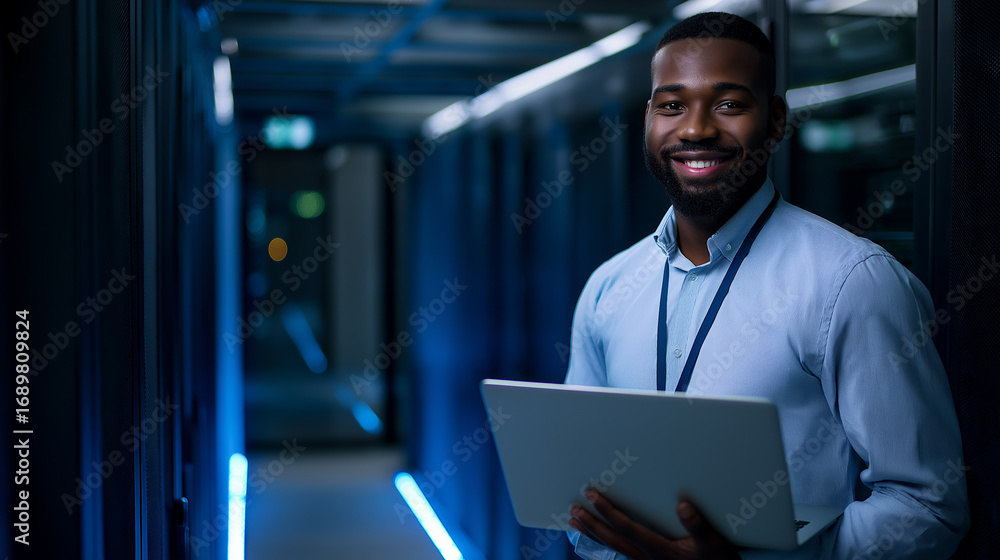Poster confident it technician holding a laptop and smiling while standing in a modern illuminated data cen