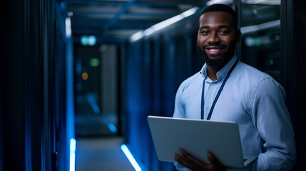 Confident IT technician holding a laptop and smiling while standing in a modern illuminated data center.  

