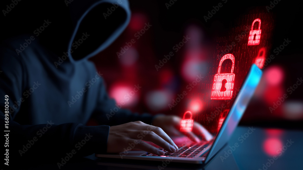 Poster anonymous figure in dark hoodie typing on laptop with glowing red padlock icons representing cyberat