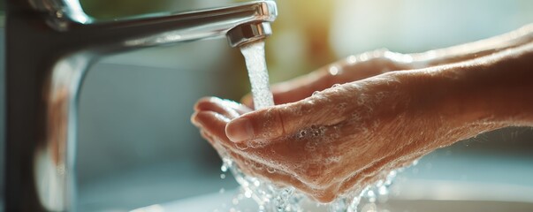 Hands washing with soap under running water, hygiene and health lifestyle, clean bathroom, natural light, close up, clear droplets, copy space for text.