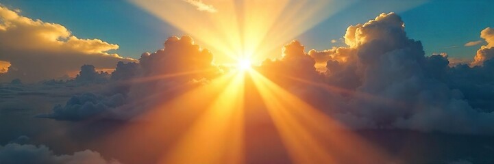 Intense beams of sunlight pierce through the atmosphere, illuminating the sky with radiant golden light A stunning display of nature's power and beauty , solar flare, solar power, heavenly