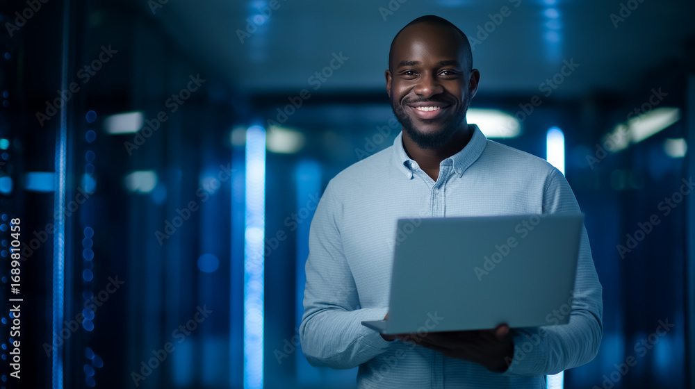 Poster confident it technician holding a laptop and smiling while standing in a modern illuminated data cen