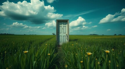 A solitary doorway stands open in a vast, sun-drenched meadow under a cloudy sky