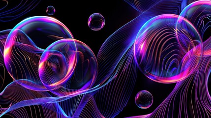 Abstract Neon Light Bubbles and Waves on Black Background for Technology and Digital Art